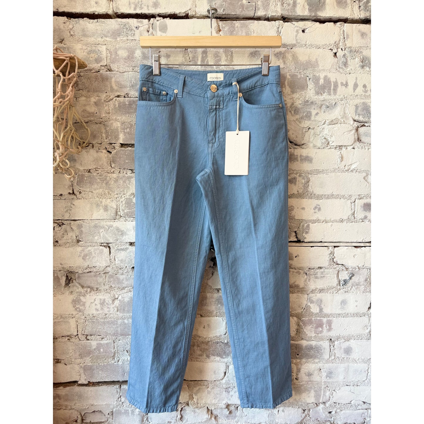Close-up of Closed Women's Milo Straight Pants in stone blue, showing the fabric texture and tailored fit.