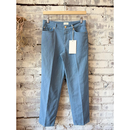 Close-up of Closed Women's Milo Straight Pants in stone blue, showing the fabric texture and tailored fit.