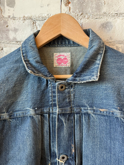 Unisex 12oz vintage light selvedge denim short jacket by Chimala, men's casual jacket with raw edge details and classic fit.