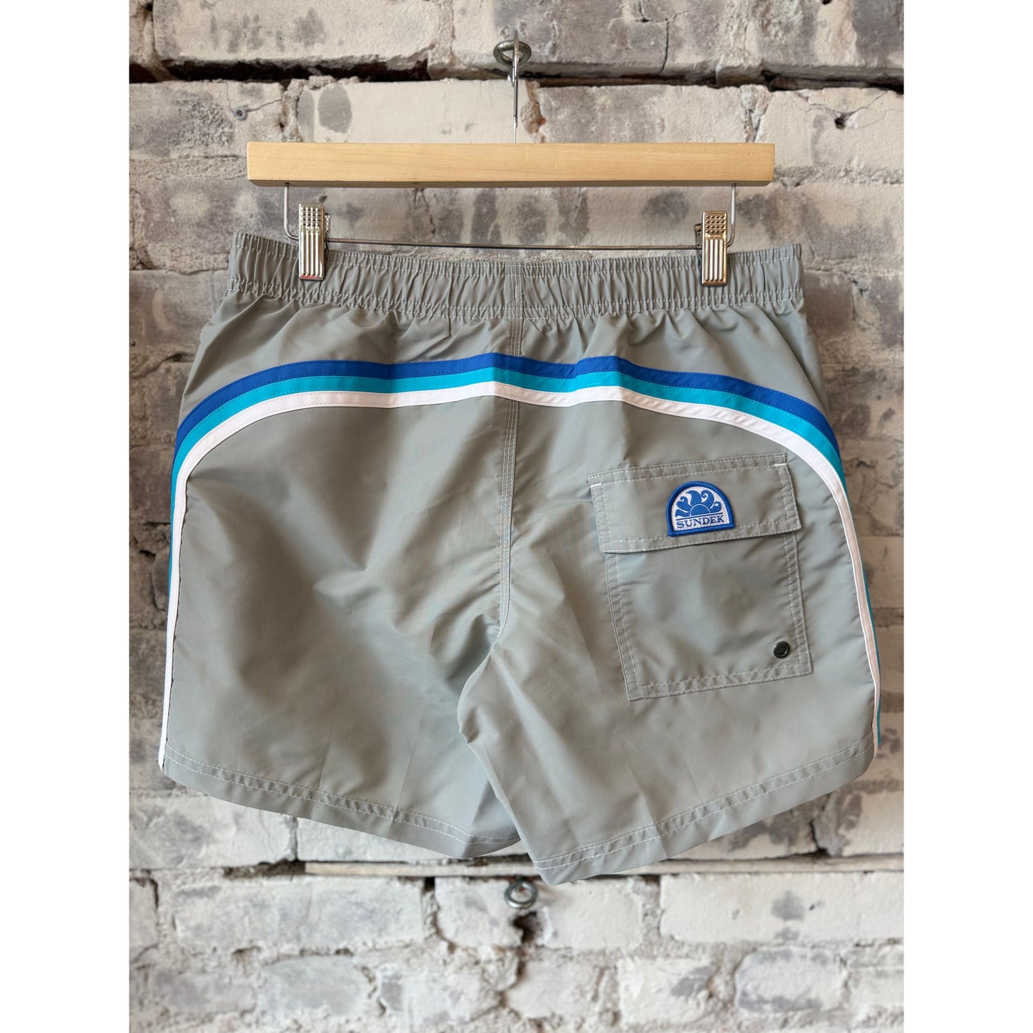 Men's Sundek Iconic Taffeta Elastic Waist Boardshort in silver, featuring a sleek, lightweight design with elastic waistband and surf-ready style.