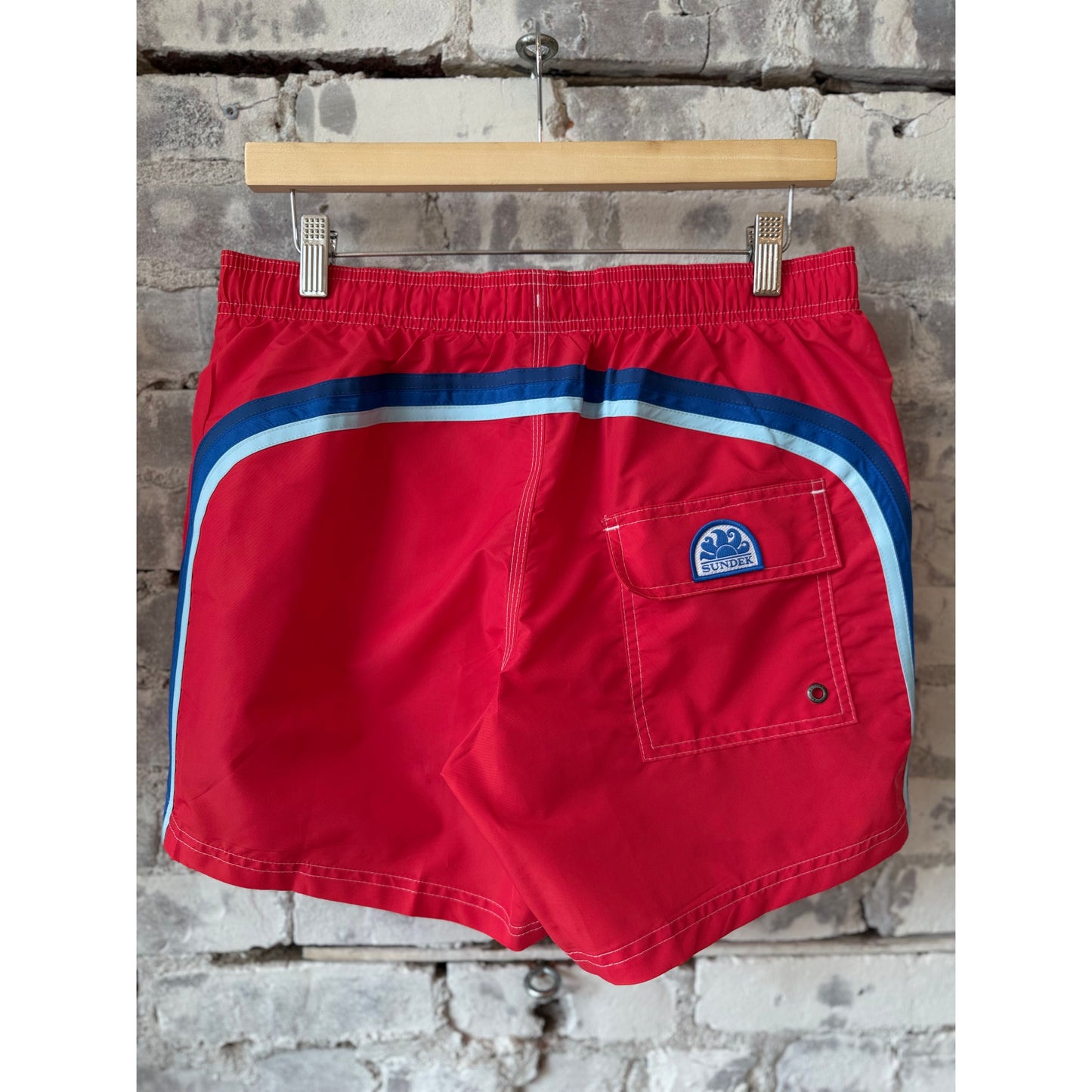 Men's Sundek Iconic Taffeta Elastic Waist Boardshort in Lolly Red, featuring a vibrant color and comfortable fit.