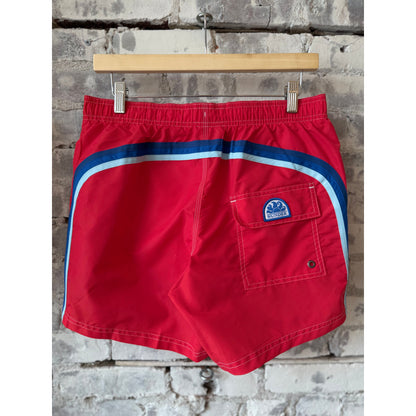Men's Sundek Iconic Taffeta Elastic Waist Boardshort in Lolly Red, featuring a vibrant color and comfortable fit.