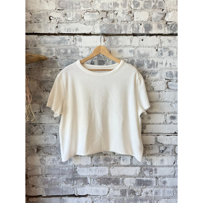 Women's Organic Cotton Terry Semi Relaxed S/S Crewneck top in milk color by Majestic Filatures, soft terry fabric, casual fit.