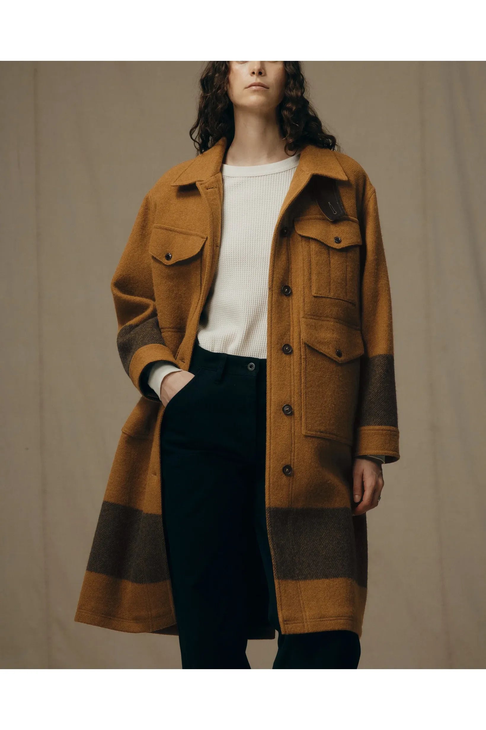 Women's Wool Long Cruiser Coat - Whiskey/Black Stripe - DUNE + SALT