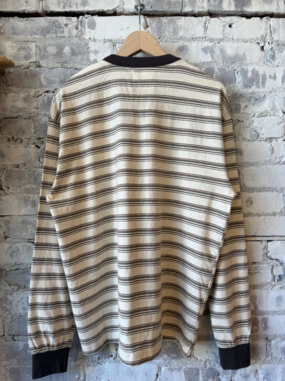 Ecru slub stripe long sleeve tee by Presidents featuring a casual fit with subtle textured fabric and classic stripe pattern.