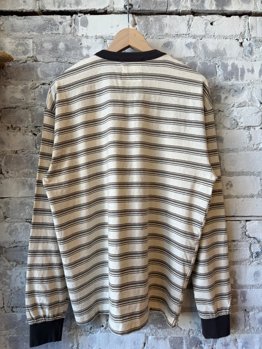 Ecru slub stripe long sleeve tee by Presidents featuring a casual fit with subtle textured fabric and classic stripe pattern.