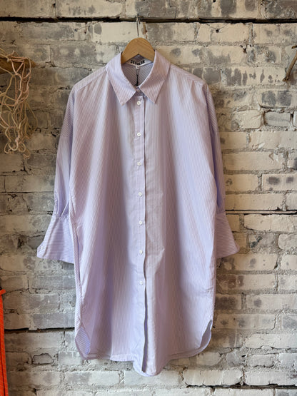 Women's Kelly Shirt Dress by Secular in lavender stripe, featuring a relaxed fit with button-front and collar, perfect for casual wear.