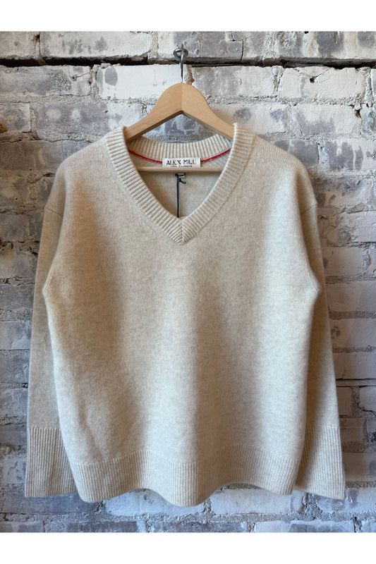 Rowan Cashmere V-Neck Sweater - Heather Ecru - DUNE + SALT