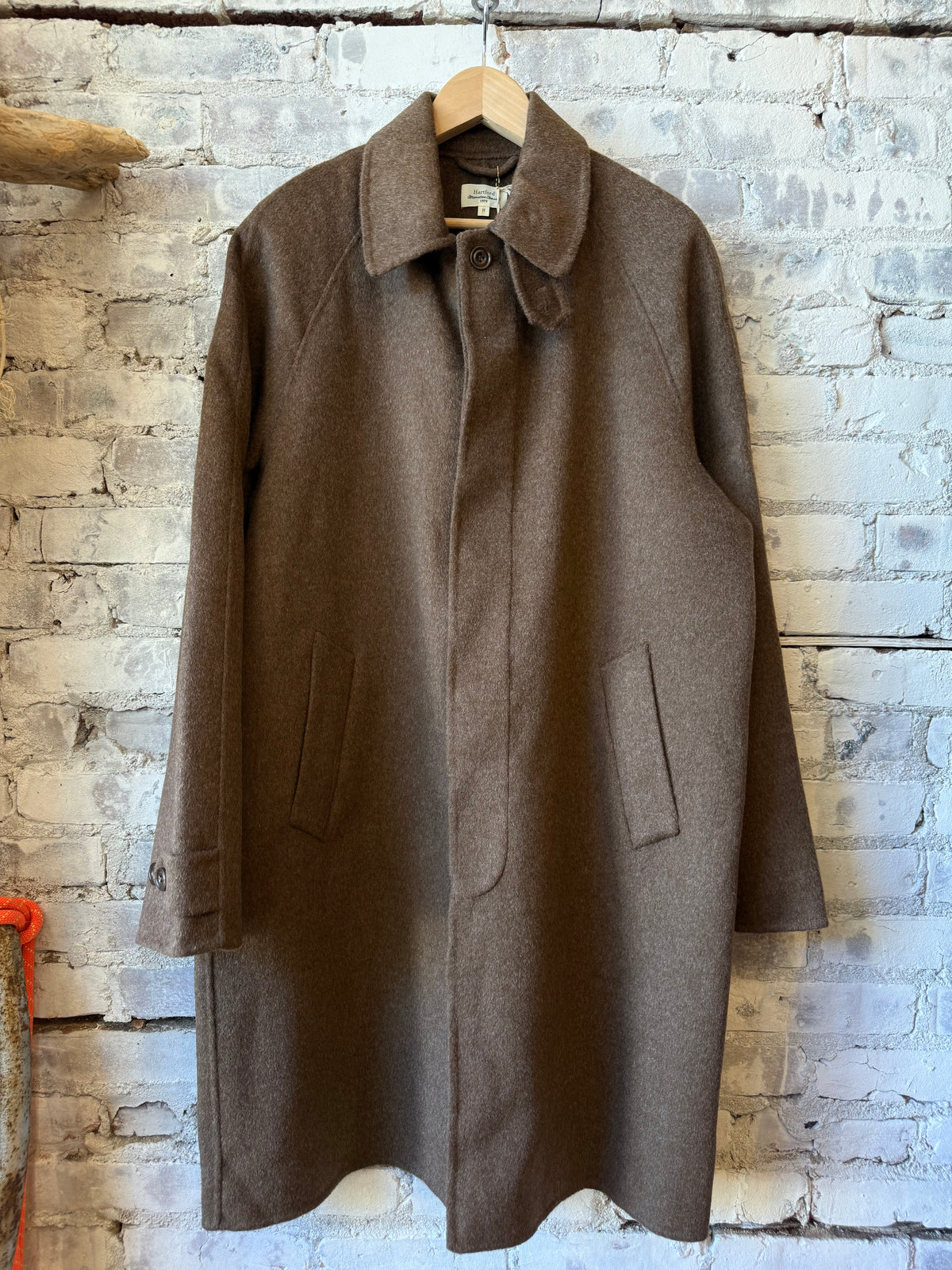 Hartford Men's Graig Woven Coat in Nut color, showing the textured woven fabric and classic coat silhouette.