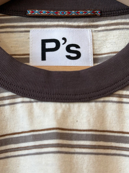 Ecru slub stripe long sleeve T-shirt by Presidents, featuring a relaxed fit and subtle textured stripe pattern.