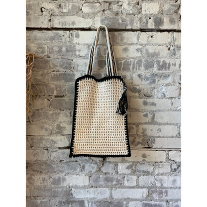 ELEVEN SIX Vera Crochet Tote Bag - Ivory w/ Black Tipping Dark Gray