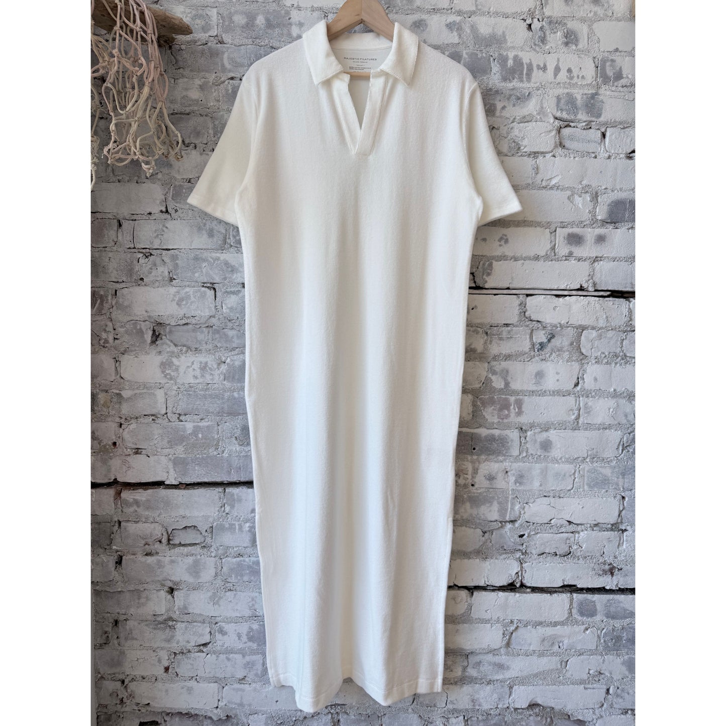 Women's Organic Cotton Terry Elbow Sleeve Polo Maxi Dress by Majestic Filatures in milk color, featuring a relaxed fit and polo collar.