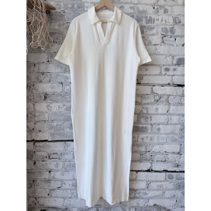 Women's Organic Cotton Terry Elbow Sleeve Polo Maxi Dress by Majestic Filatures in milk color, featuring a relaxed fit and polo collar.