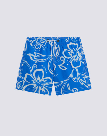Boy's Archive Hibiscus Print Elastic Waist Boardshort - Vintage Sapphire