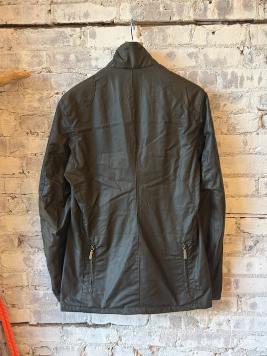 Men's Barbour Beacon Sports Waxed Jacket in olive, shown with front view and adjustable collar, durable outdoor outerwear.
