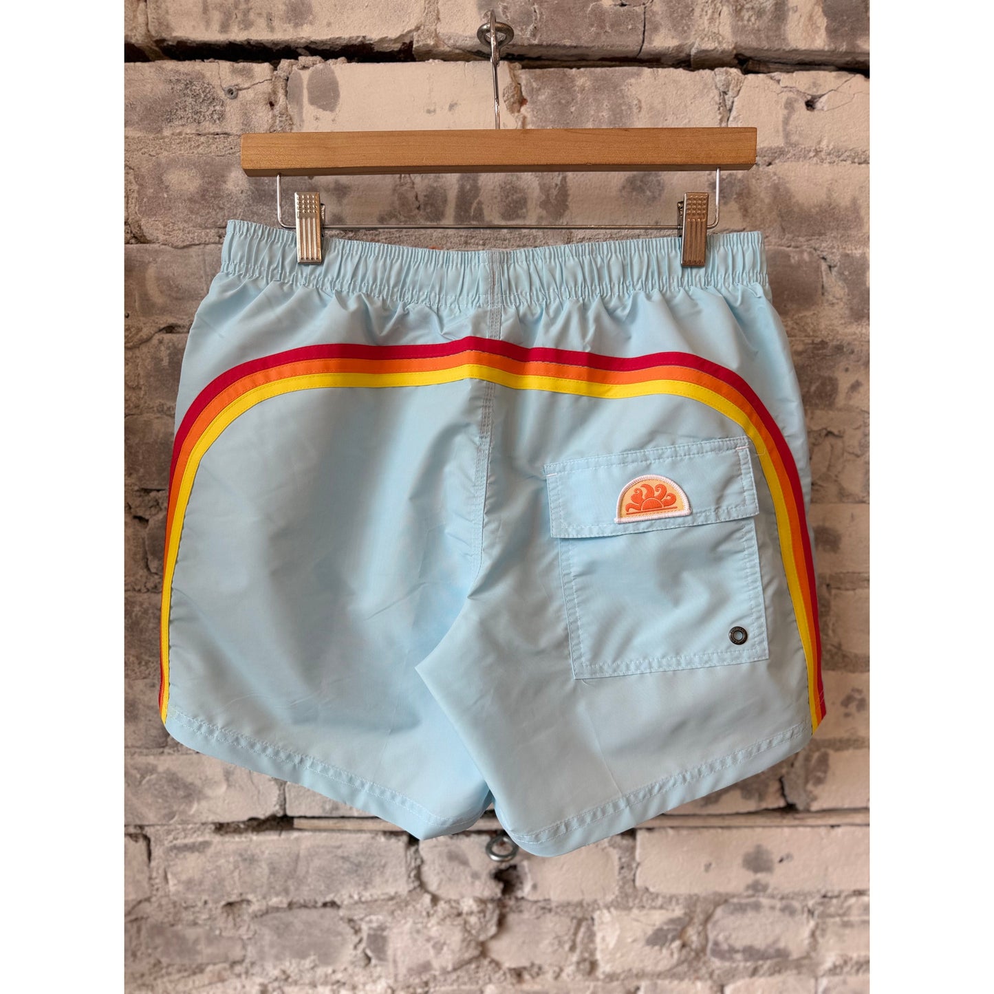 Men's Sundek Iconic Taffeta Elastic Waist Boardshort in Vintage Glacier with a vibrant blue and white pattern, quick-drying fabric.