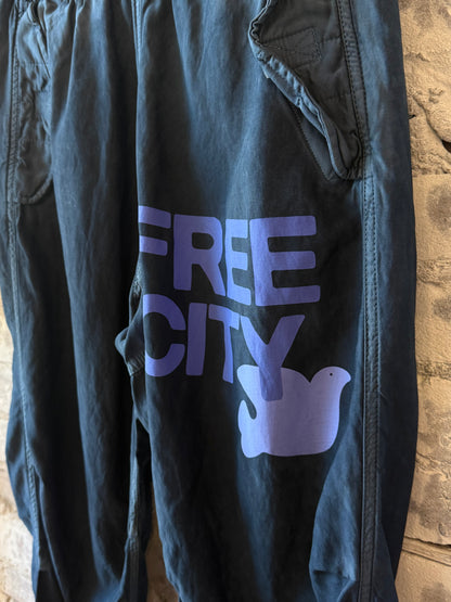 Women's Freecity Airjump Pants in matte and satin finish with flap and snap details, featuring a Moonshrooms print.