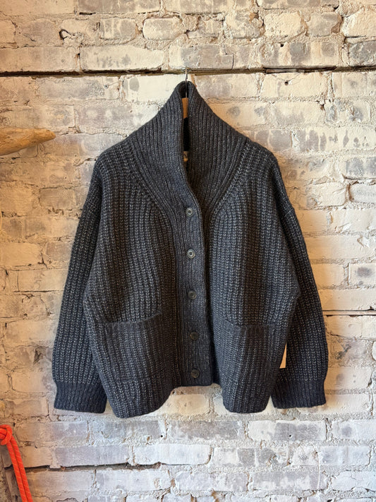 Women's oversized navy shawl cardigan by Bare Knitwear, soft knit fabric, draped open front, cozy and stylish for casual wear.