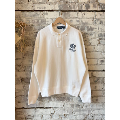 Men's white Polo RL Island Fleece graphic print polo sweatshirt with a relaxed fit and comfortable fleece fabric.