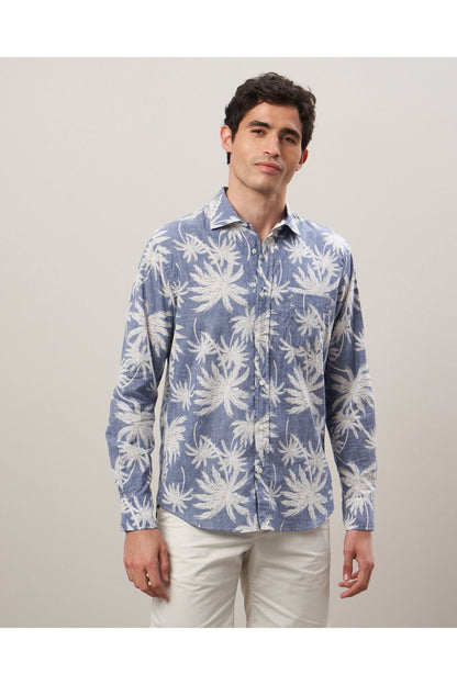 Paul Palm Tree Print Cotton Shirt - Navy - DUNE + SALT