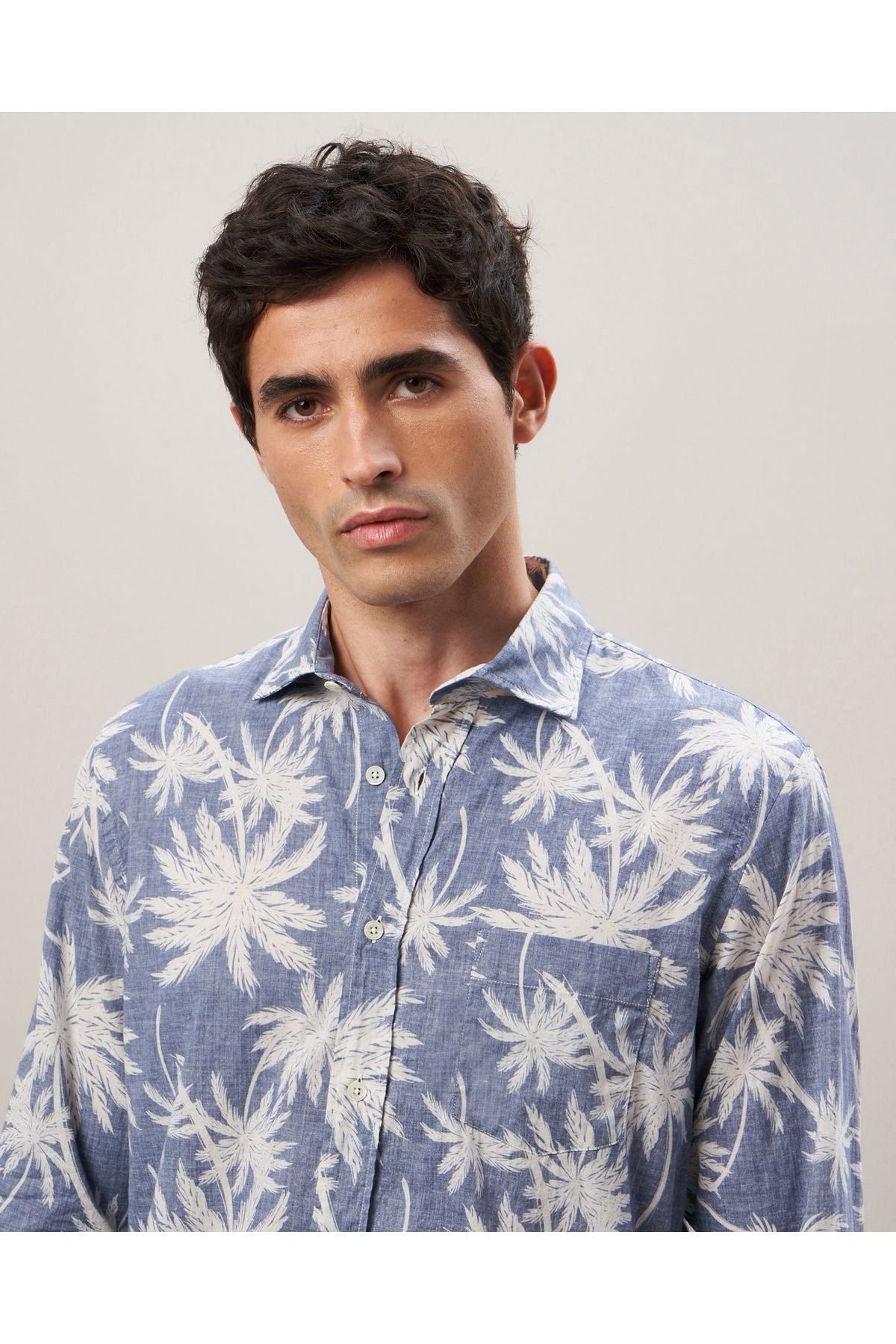 Paul Palm Tree Print Cotton Shirt - Navy - DUNE + SALT