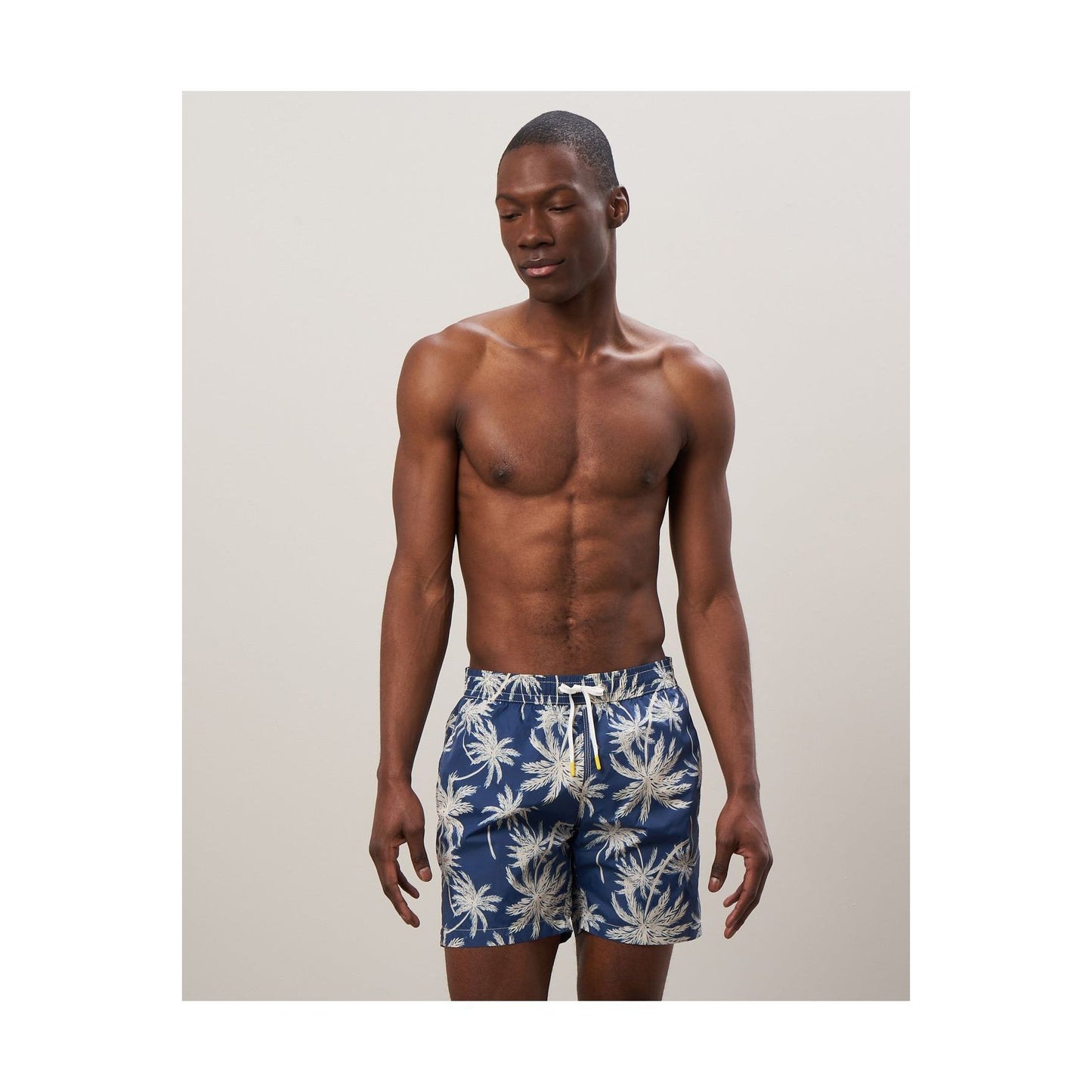 Palm Print Recycled Nylon Swim Trunk - Navy - DUNE + SALT