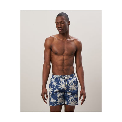Palm Print Recycled Nylon Swim Trunk - Navy - DUNE + SALT