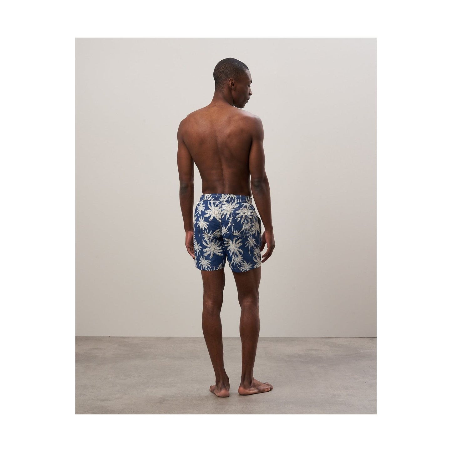 Palm Print Recycled Nylon Swim Trunk - Navy - DUNE + SALT