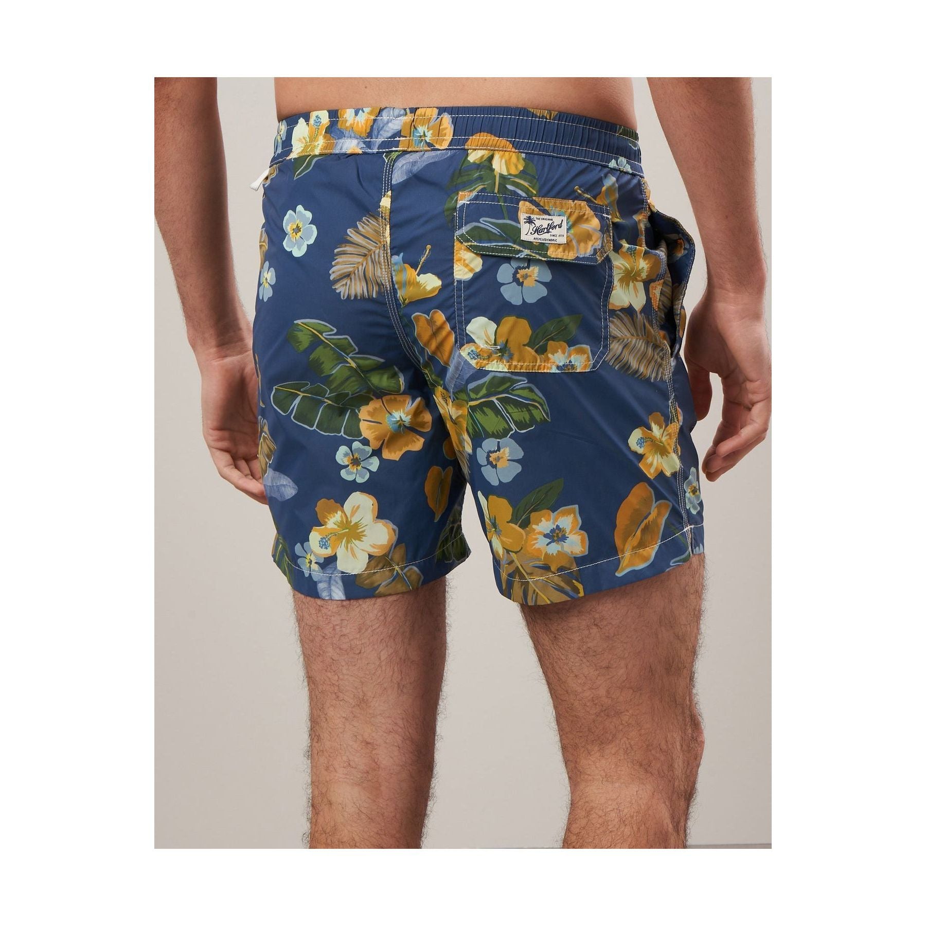 Hibiscus Printed Recycle Nylon Swim Trunks - Navy - DUNE + SALT