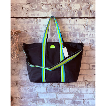 Men's Sundek Bon Bag beach tote in black with colorful rainbow details, durable fabric, and spacious design for beach essentials.