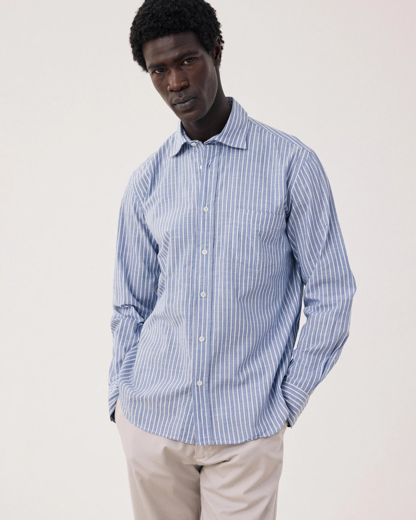 Paul Striped Woven Shirt - Mid Blue/White