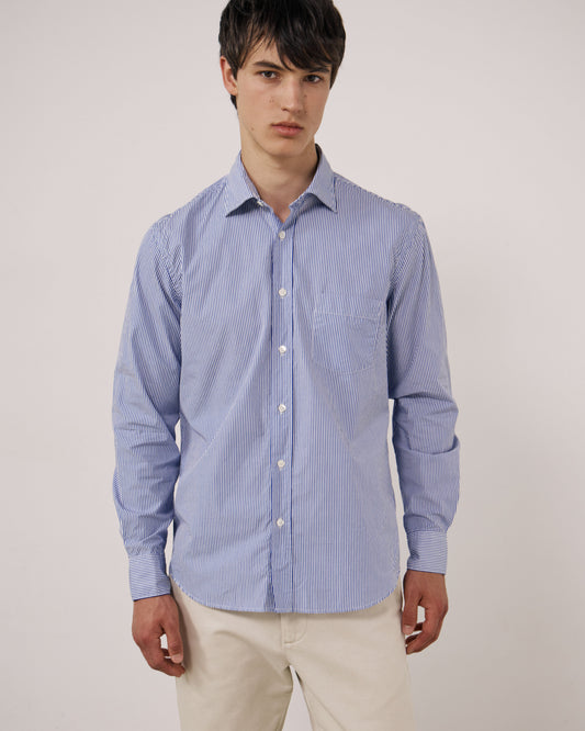 Hartford Men's Paul woven shirt in blue, featuring a classic button-up design with a textured fabric and collar.