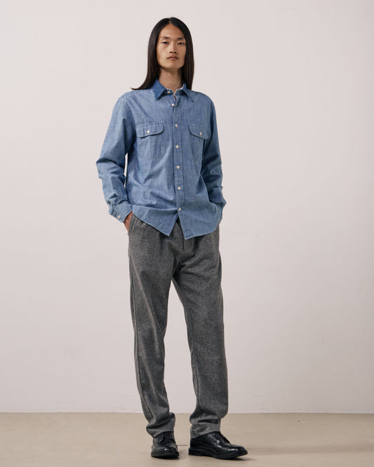 Hartford Men's Paxi Woven Shirt in Light Indigo, showcasing the textured woven fabric and casual collar design.