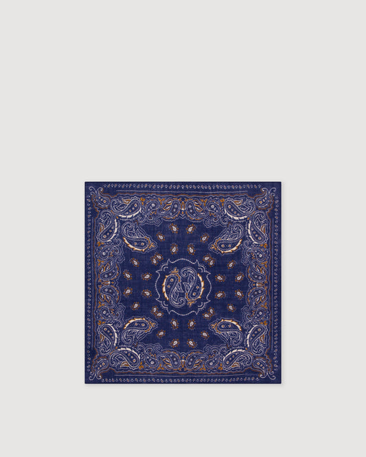 Navy paisley woven bandana scarf from Hartford Men's, featuring intricate paisley patterns and soft woven fabric.