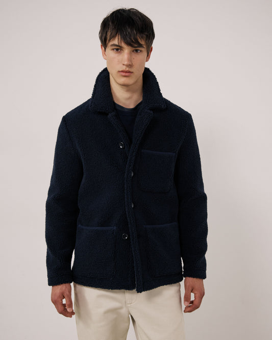 Hartford Men's navy Sherpa utility knitted jacket with a cozy, textured fabric and utility-style pockets.