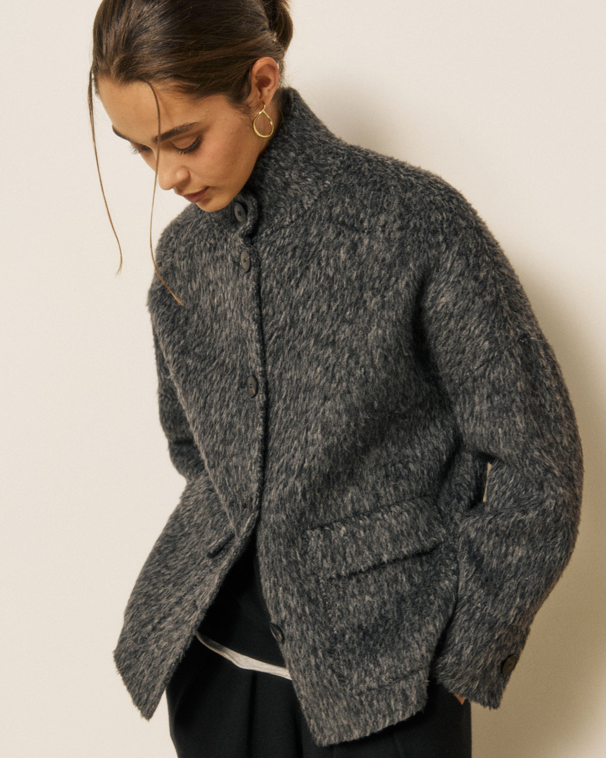 Gray Vivien woven jacket for women by Hartford Women's, showcasing the textured fabric and stylish design.