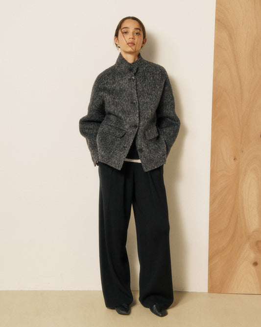 Grey women's Vivien woven jacket by Hartford Women, showing the textured fabric and stylish collar detail.
