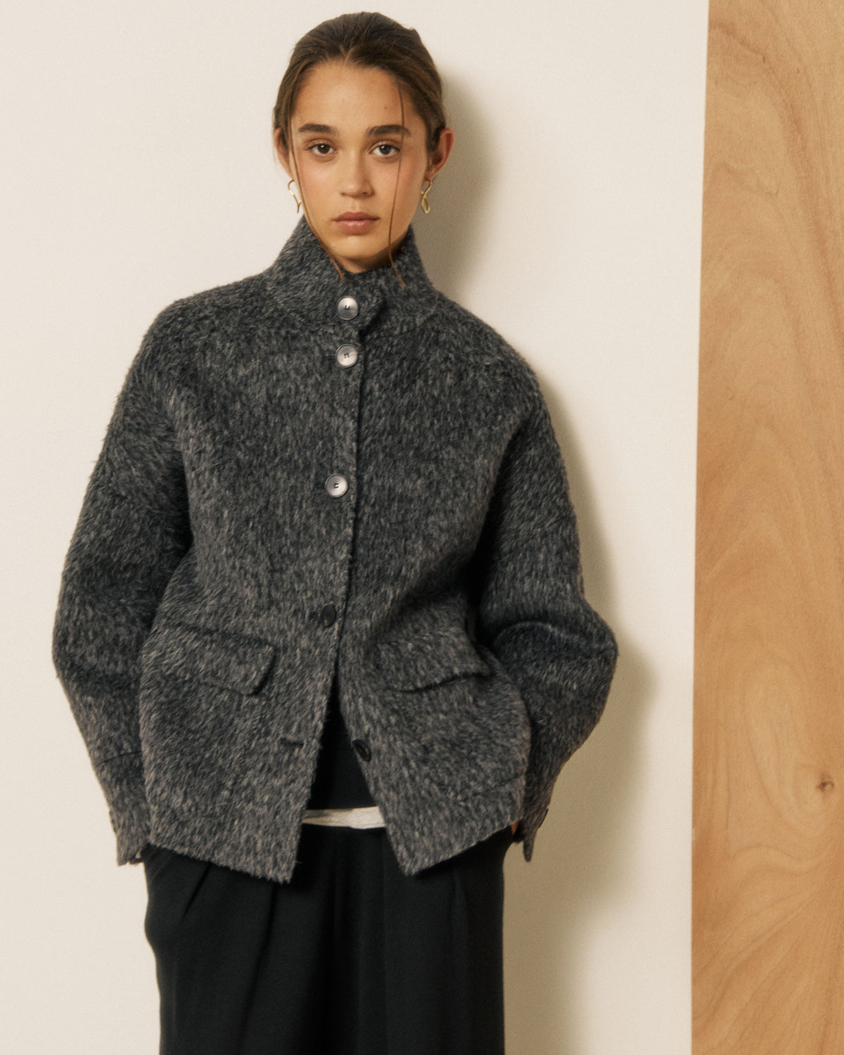 Hartford Women's Vivien Woven Grey Jacket, stylish women's outerwear with textured woven fabric and a tailored fit.