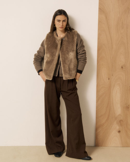 Women's Velma Woven Vest in taupe from Hartford Women's, featuring a stylish and textured woven design.