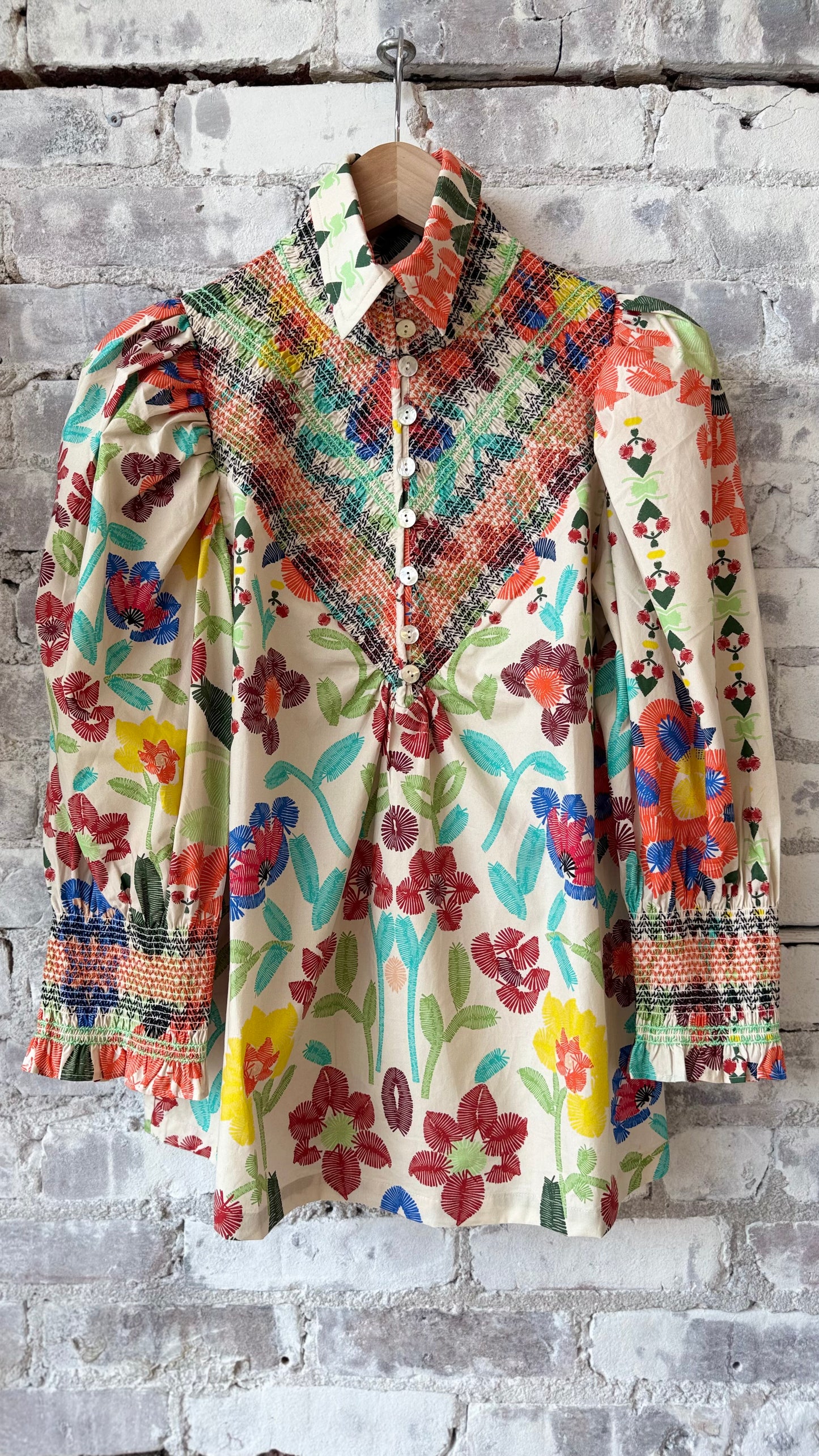 Smocked Shirt - Custard Embroidered Floral - DUNE + SALT