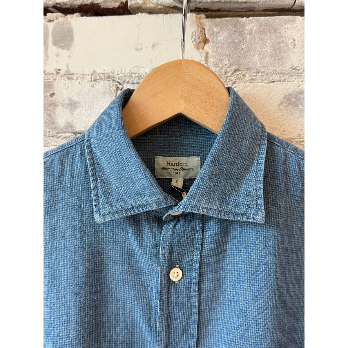 Men's Paul Yarn-Dyed Woven Shirt by Hartford in light indigo micro check, showcasing the classic pattern and lightweight fabric.