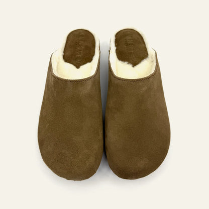 Kunsten Clogs Ella Suede/Lambswool Clog - Umber/White Wool Dark Olive Green