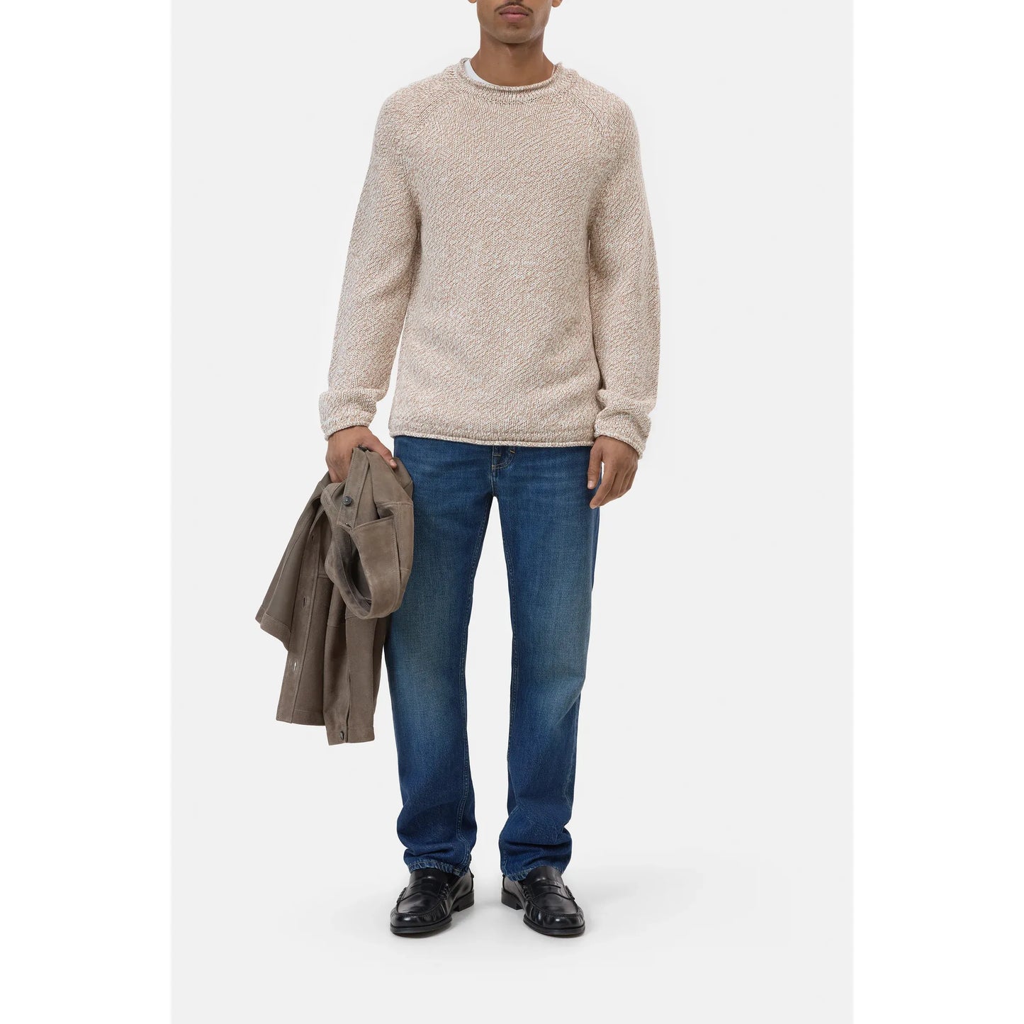 Men's Raw Edged Knit sweater in Rock Beige by Closed Men's, featuring a textured knit fabric and raw edge detailing.