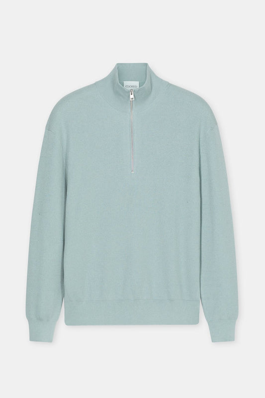 Closed Men's Half-Zip Cotton Blend Jumper - Drift Blue Light Steel Blue