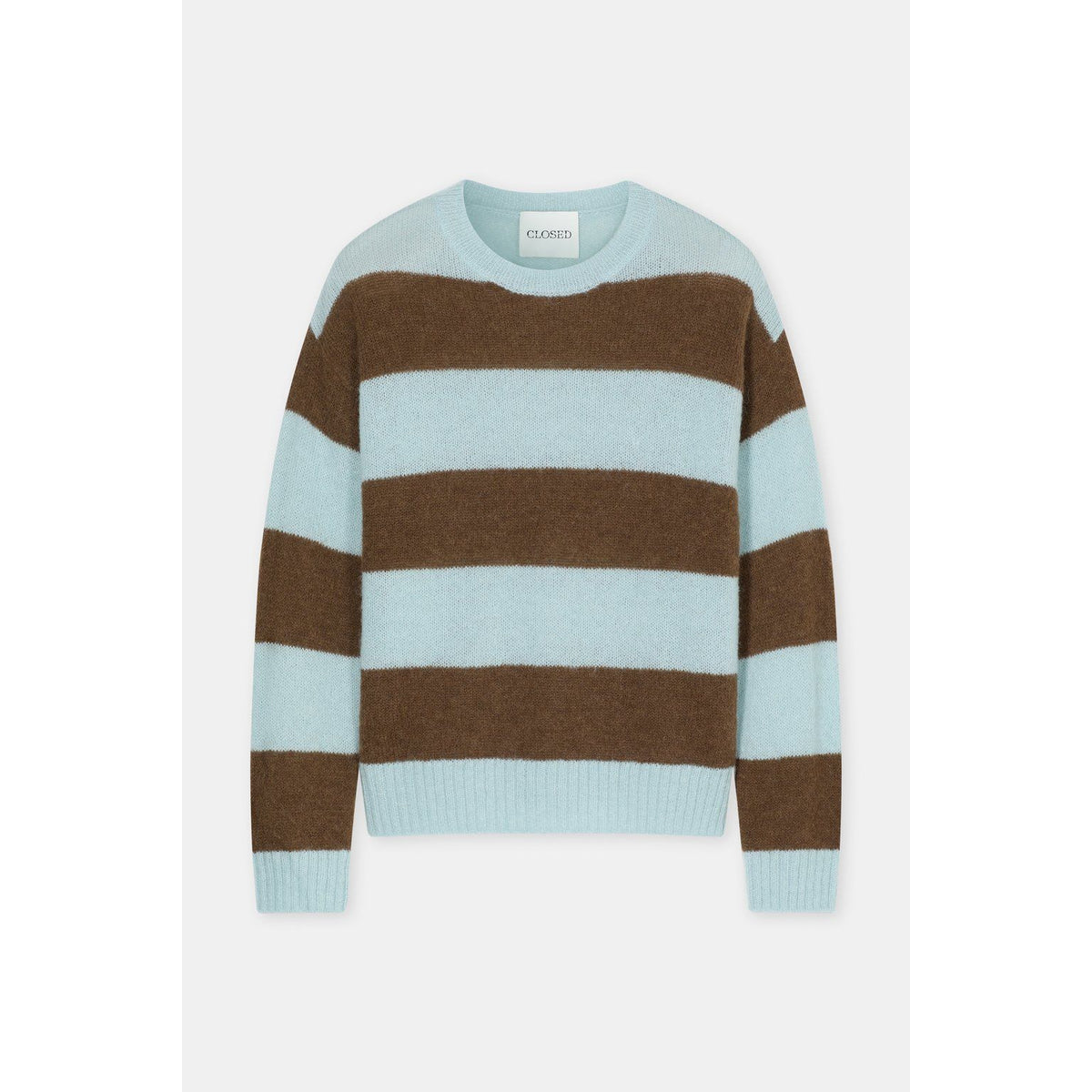 Men's striped crewneck knit sweater in Drift Blue by Closed Men's, with a soft knit fabric and classic striped pattern.