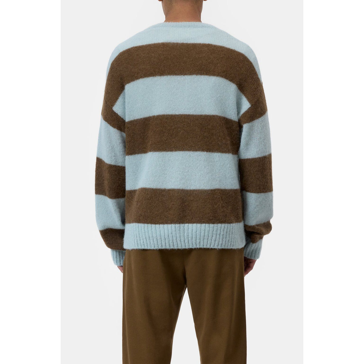Men's striped crewneck knit sweater in drift blue by Closed Men's, featuring a cozy knit fabric and casual striped pattern.
