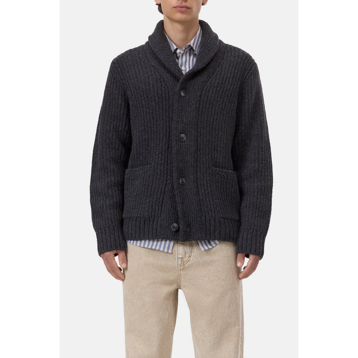 Men's black melange shawl collar wool cardigan by Closed Men's, featuring a cozy knit and classic design.