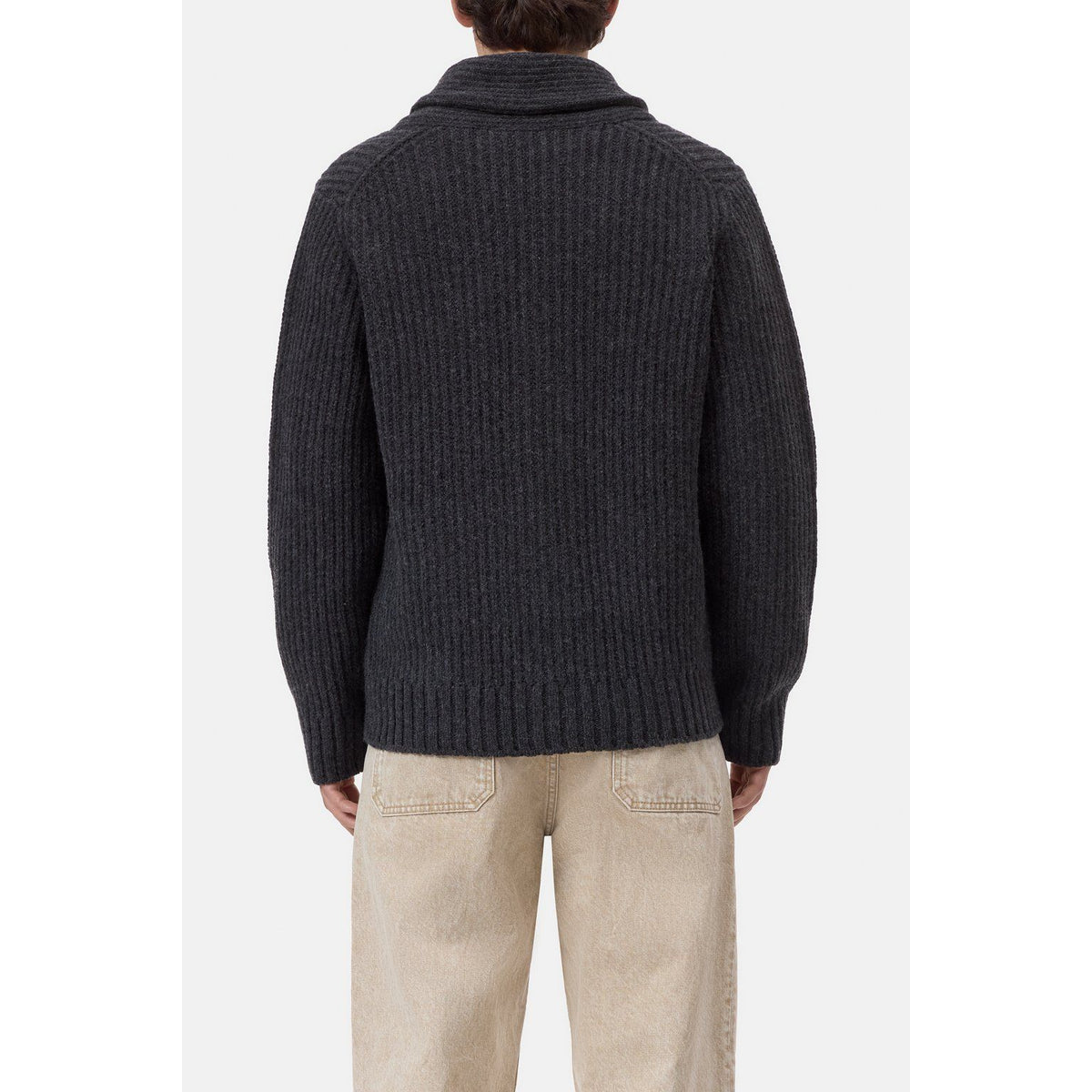 Men's black melange shawl collar wool cardigan by Closed Men's, shown in a close-up image highlighting the knit texture and design.