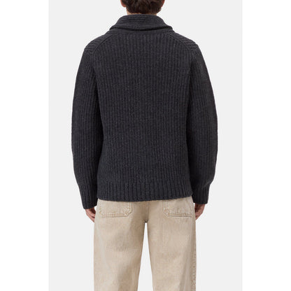 Men's black melange shawl collar wool cardigan by Closed Men's, shown in a close-up image highlighting the knit texture and design.