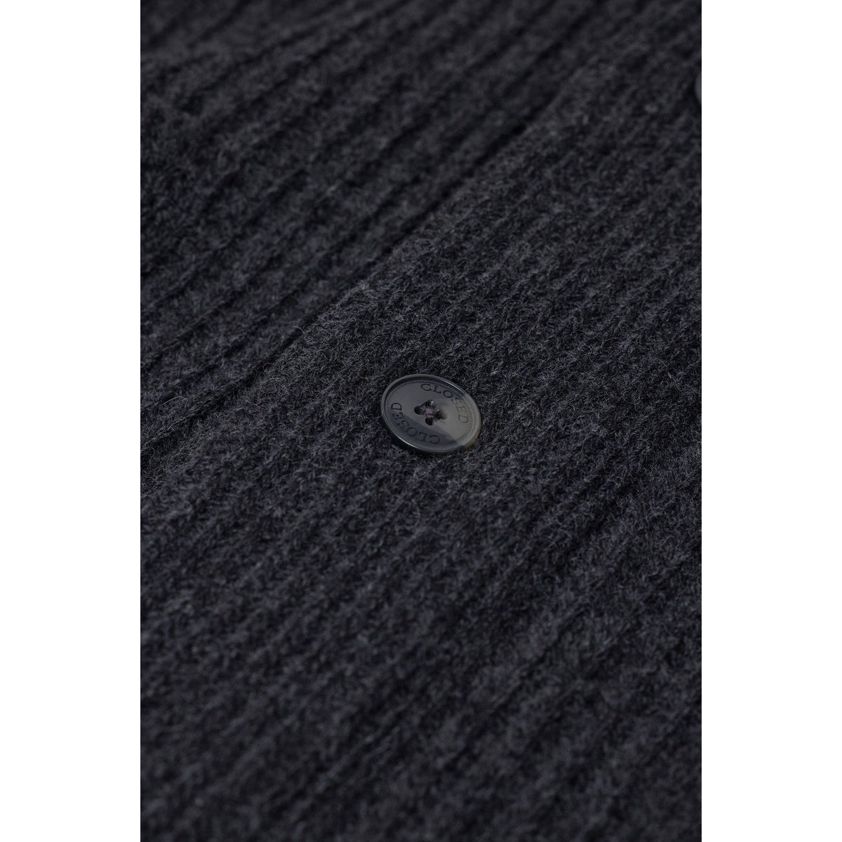 Men's black melange shawl collar wool cardigan by Closed Men's, shown with button closure and ribbed cuffs.